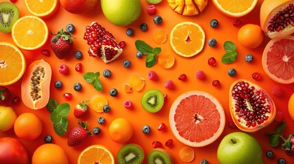 A vibrant 3D sticker wallpaper design of fruit and vegetables bursts on a bright orange background