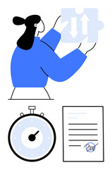 Woman holding a puzzle piece with arrows, stopwatch, and signed document. Ideal for project planning, strategy development, time management, decision making, productivity, legal agreements