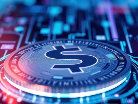 Long exposure close-up of futuristic currency on holographic interface with light trails - Powered by Adobe