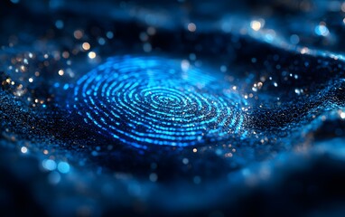 Abstract digital identity biometric technology background with blue bokeh lights and fingerprint symbolizing advanced security, data protection, cybersecurity on dark abstract background,


