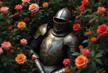 Dark gothic art, fallen knight, ornate armor discarded among vibrant flowers
