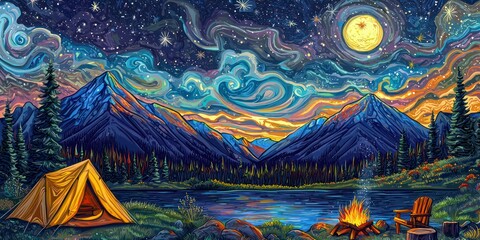A colorful camping illustration showing a tent, mountains, trees, and a campfire under a starry sky.