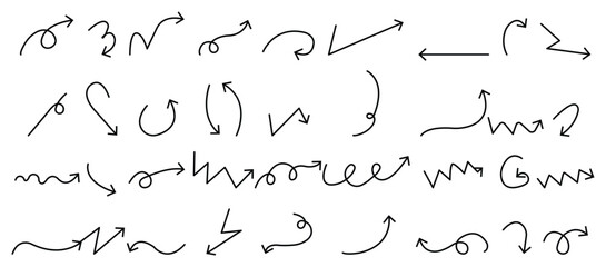 Simple hand-drawn black arrows set in various styles isolated on a transparent background