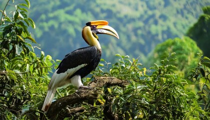 a Great Hornbill standing on the tree.