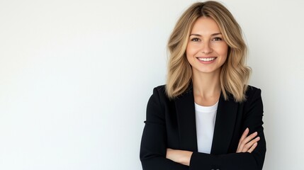Confident woman in a black blazer smiling with arms crossed against a neutral backdrop.