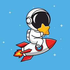 Little Astronaut on Rocket Ship with Golden Star Illustration.