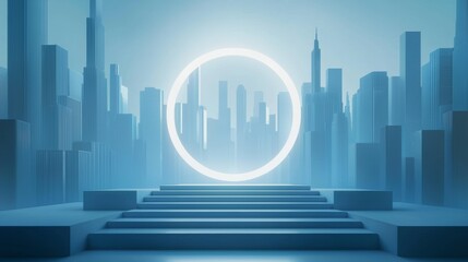 Fototapeta premium Create a futuristic, minimalist stage set in a modern cityscape