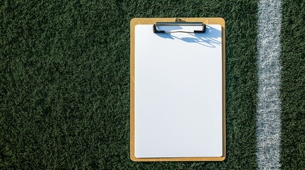 Empty clipboard on football field, ready for strategic planning and game notes.