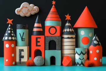 A colorful arrangement of geometric wooden blocks forming a playful cityscape.