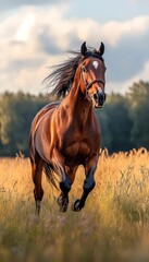 A majestic horse gallops freely through a sunlit field, showcasing its strength and grace against a backdrop of lush greenery.