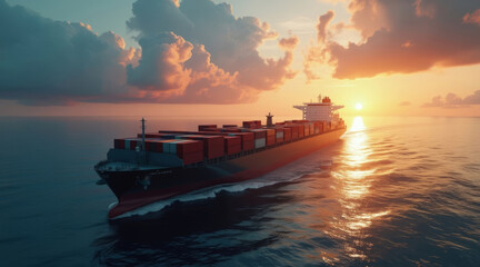container cargo ship at sunset in the middle of a calm ocean