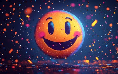 Fototapeta premium A vibrant and joyful 3D smiling emoji surrounded by colorful confetti, creating a festive and cheerful atmosphere filled with positivity and celebration.
