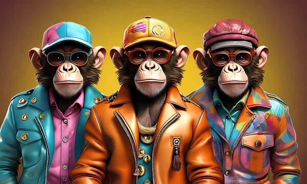 Dancing monkeys. Three cartoon monkeys in fashionable clothes.