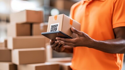 Efficient Warehouse Operations: A delivery worker scans a QR code on a package, showcasing streamlined logistics and modern inventory management.  
