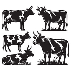 Set of  Black and White Dairy Cow Silhouettes, Farm Animal Vector Illustrations