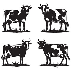 Set of  Black and White Dairy Cow Silhouettes, Farm Animal Vector Illustrations