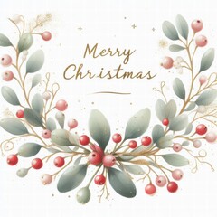 Obraz premium Festive holiday illustration featuring green leaves and red berries with a Merry Christmas greeting.