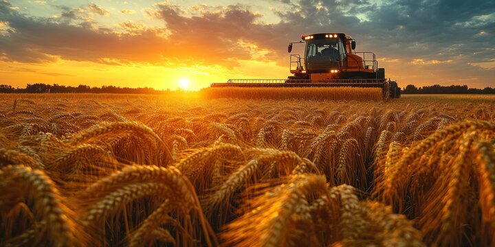 A combine harvester working in a wheat field at sunset