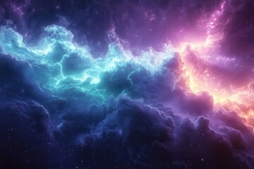 Fototapeta premium A vibrant cosmic scene with swirling clouds and radiant colors representing the universe.
