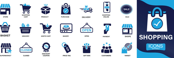 shopping icon set with cart, checkout, tag, sale, coupon, bag, delivery, discount, payment, product, search, and retail symbols for e-commerce design.
