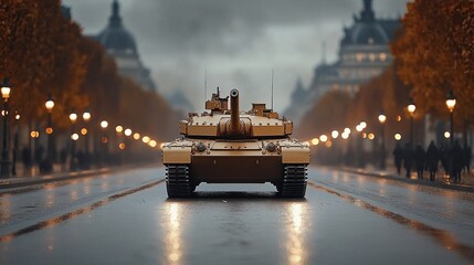 Heavy main battle tank on wet cobblestone street in Paris during overcast weather with autumn trees...