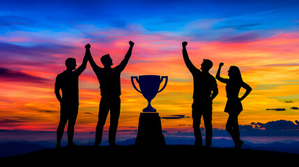 Silhouettes of four people celebrating with a trophy against a vibrant sunset, symbolizing success and achievement.