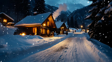 Fototapeta premium serene winter scene featuring traditional chalets along snowy mountain road, illuminated by warm lights. Snowflakes gently fall, creating cozy atmosphere