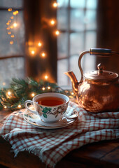 Fototapeta premium Cup of Tea Christmas Still - life. Interior Image. Generative AI