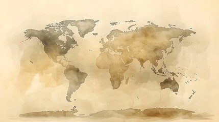 Watercolor world map on aged paper background.