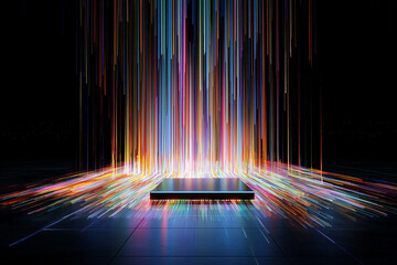 vibrant depiction of futuristic AI chip emitting colorful light streams, symbolizing advanced technology and innovation. dynamic colors create sense of energy and progress