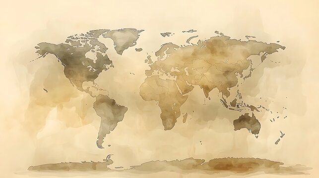 Fototapeta Watercolor world map on aged paper background.