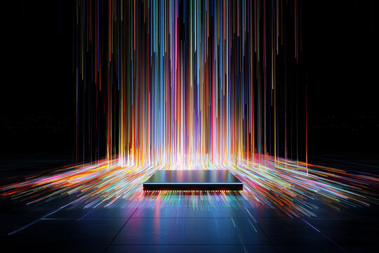 vibrant depiction of futuristic AI chip emitting colorful light streams, symbolizing advanced technology and innovation. dynamic colors create sense of energy and progress