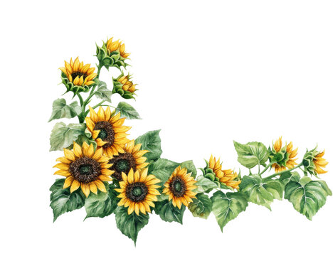 watercolor sunflowers, yellow flowers, green leaves clip art preview