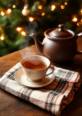 Fototapeta premium Teapot and Cup of Tea on Christmas. Generative AI
