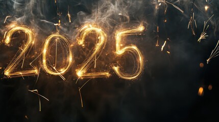 2025 formed out of glowing golden wires, suspended in the air with soft smoke and dramatic lighting in the background