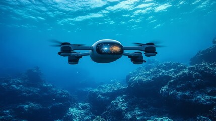 An underwater drone navigates deep ocean waters over coral reefs, showcasing cutting-edge technology for marine exploration and environmental research.