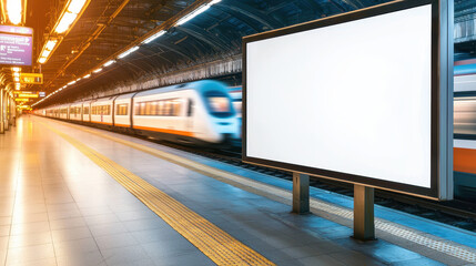 Empty billboard at a busy train station with a blurred train, showcasing public transport and urban life.