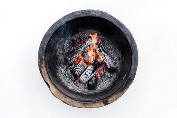 top-down view, photographic realism, white background, campfire with cauldron