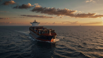 container cargo ship at sunset in the middle of a calm ocean