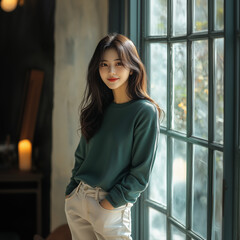 그린 니트를 입은 아름다운 한국 여성