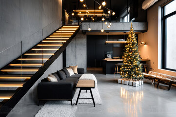 Modern living room with stairs and Christmas tree, featuring stylish decor and lighting.