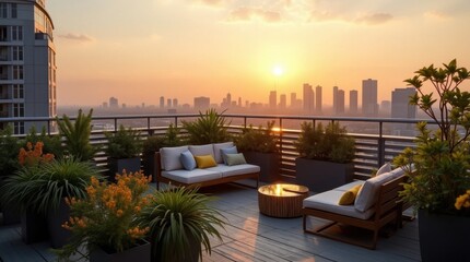 Fototapeta premium Stylish Rooftop Garden with Potted Plants and Seating