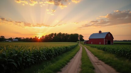 Fototapeta premium Tranquil Farm Dusk Landscape with Distant Red Barn