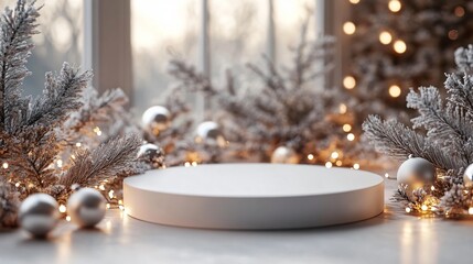 white xmas product podium with lights