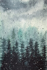 Foggy forest and gloomy sky landscape . Watercolor hand made illustration. For the design, decoration posters, stickers, postcards.