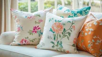 Elegant Floral Cushions on a Cozy Sofa