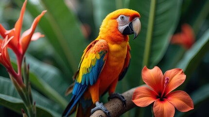 Fototapeta premium Vibrant Parrot on Tropical Branch with Flowers
