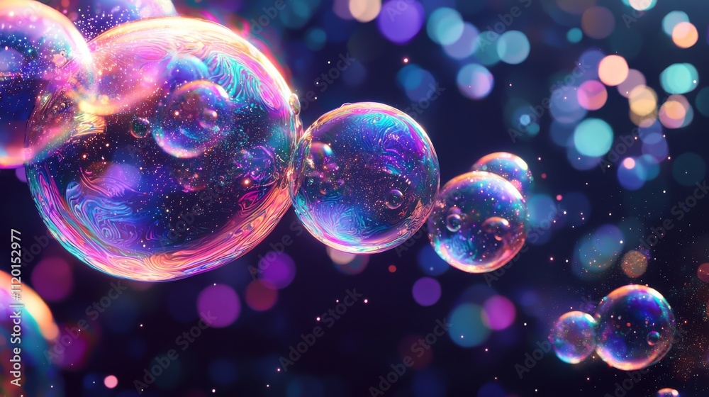Wall mural create a vibrant, cosmic scene featuring a horizontal stream of iridescent soap bubbles floating in 