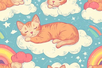 Orange Cats Sleeping Peacefully On Clouds With Rainbows