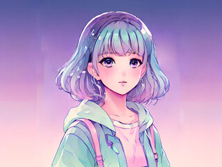 girl in an anime stele in a kara haircut on a lilac azure blue gradient background AI generated